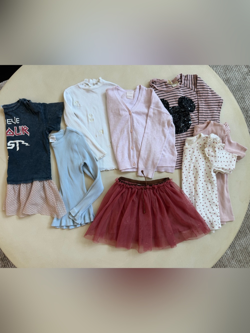 Zara Girls' Bundle Burgundy Tulle Skirt, Knit Cardigan, Tops